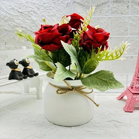 Plante Artificielle - Bonsai Faux - Fleurs Roses - Pour Intérieur Extérieur Bureau Table À Manger - Lot De 3 (1/5)