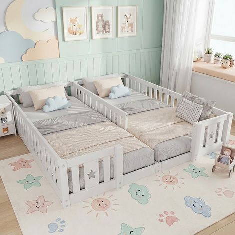 Lit cabane enfant 180x200 cm avec barrière de sécurité, Pin massif, Lit au sol Montessori, Lit 1 place - Blanc