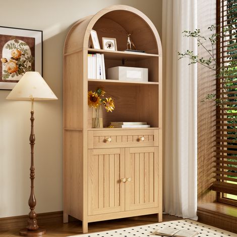Modernluxe - Armoire haute cintrée 76x40x180 cm - 2 portes et 1 tiroir - Étagères ouvertes - MDF - Couleur naturelle (1/5)