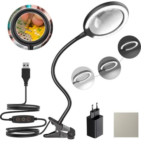Lampe loupe LED 3X lumière du Jour, loupe à Pince avec 5 réglages de lumière réglables pour la Lecture, Les Personnes âgées, Les Loisirs, l'artisanat (1/5)