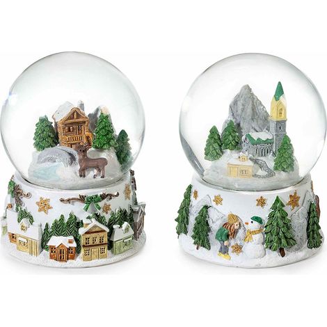 Palle a neve con glitter e decorazioni con paesaggio natalizio innevato e base in resina, con dettagli dorati, set da 2 pezzi