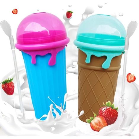 Granita-Becher, Zauberbecher Granita, Slush-Eisbecher, Slush-Eisbecher gefroren, Slush-Eisbecher, DIY Slush-Eis zum Ausdrücken, mit 2-in-1-Strohhalm und Löffel, DIY hausgemachte Smoothie-Becher für Ki