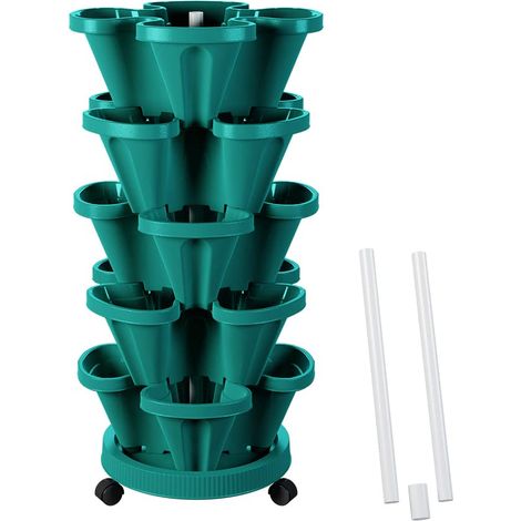 Jardinière Verticale à Fraises empilables à 5 Niveaux avec Poteau de Support, pour Herbes aromatiques, légumes, intérieur et extérieur, Vert Chasseur (1/5)