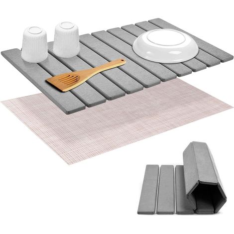 Faltbare Abtropfmatte für Geschirr – Grau – 60 x 39 cm – schnelltrocknend – rutschfest – Kieselgur
