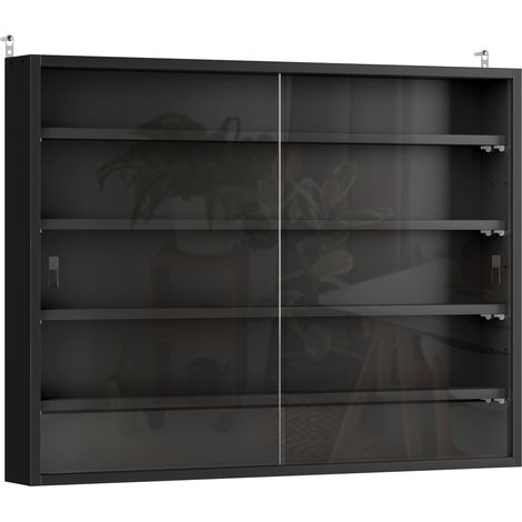 Vitrine murale noire 80x9,5x60 cm, 4 étagères ajustables en hauteur, 2 portes coulissantes pour collection (1/5)