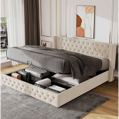 DESVIAE Lit double coffre hydraulique capitonné style Chesterfield en velours beige 180 x 200 cm avec sommier à lattes (1/5)