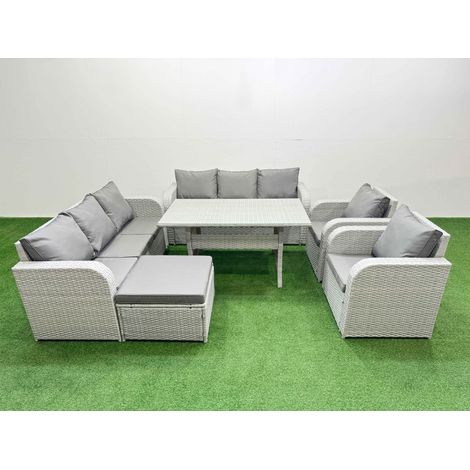 Fimous PE Rattan High Back Lounge Sofa Set Patio Rectangular Dining Table & Chairs Set with 3 Seater Sofa Reclining Chair Big Footstool Light Grey (1/4)