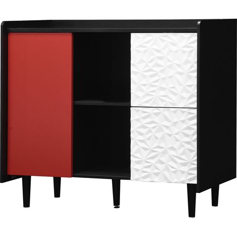Buffet, armoire de rangement noire avec portes rouges, 2 tiroirs au design de panneau unique et 2 compartiments de rangement ouverts, meuble-bar à café moderne, meuble d’appoint pour cuisine et salle  (1/5)
