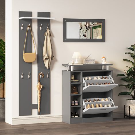 Porte-manteau mural 80 x 25 x 96,5 cm comprenant un miroir 2 panneaux muraux des étagères et un meuble à chaussures finition gris anthracite mat (1/5)