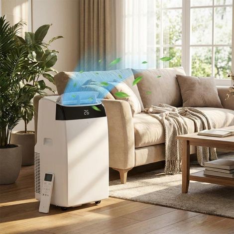 HAUSPROFI Mobile Klimaanlage, 12000 BTU, geeignet für Räume bis 122 m³ (46 m²), 3-in-1-Funktion mit Kühlen, Entfeuchten & Lüften, mit herausnehmbarem antibakteriellem Filter, 24-Stunden-Timer, LED-Dis