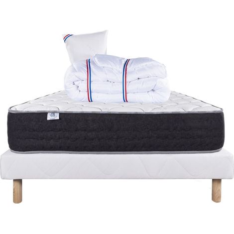Ensemble Matelas Serenite, 27 cm, ressorts ensachés, ferme, face été/hiver + sommier blanc ep 13cm + oreiller + couette, 90x190cm (1/5)