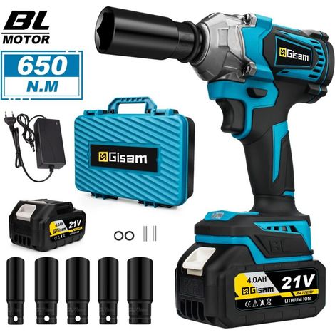 – Clé à chocs électrique 1/2" 650Nm – Moteur sans balais – 4.0Ah avec 9 accessoires – Pour véhicules domestiques et chantiers (1/5)