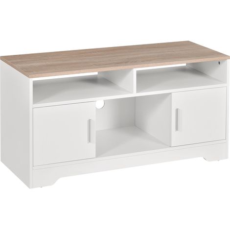 Meuble TV banc TV en bois grand espace de rangement avec 2 compartiments ouverts 2 armoires à porte une armoire ouverte 105 x 40 x 52 cm effet bois blanc
