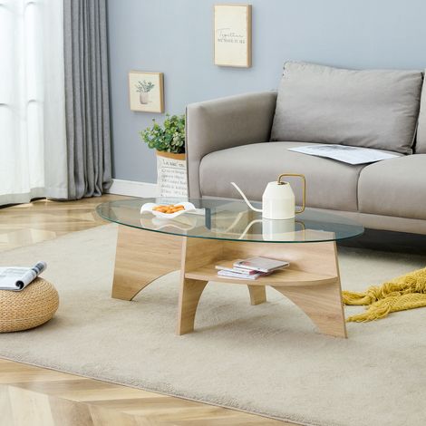 Tavolino da Salotto Ovale Moderno con Ripiano, Vetro di Sicurezza, per Soggiorno, 117.5 × 72.5 × 10.5 cm, MDF, Trasparente e Legno (1/5)