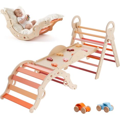 Ensemble Pikler 9-en-1, Structure d’escalade Montessori en bois pour tout-petits, avec 2 voitures, coussin, triangle, arche et rampe, pliable, charge 68 kg, orange. (1/5)