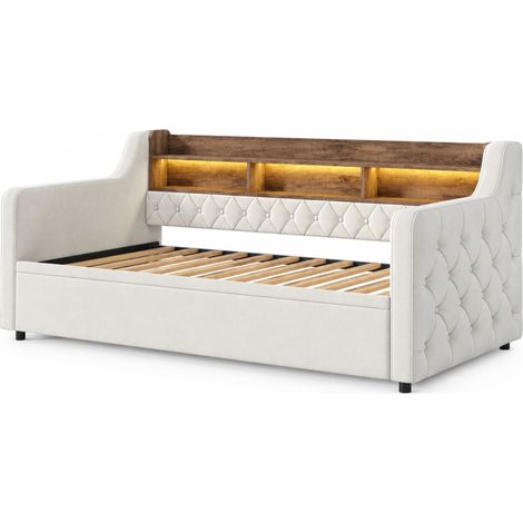 Schlafsofa 90 x 190 cm mit Ausziehbett, Samt beige, Stauraumkopfteil, LED, USB-C (1/5)
