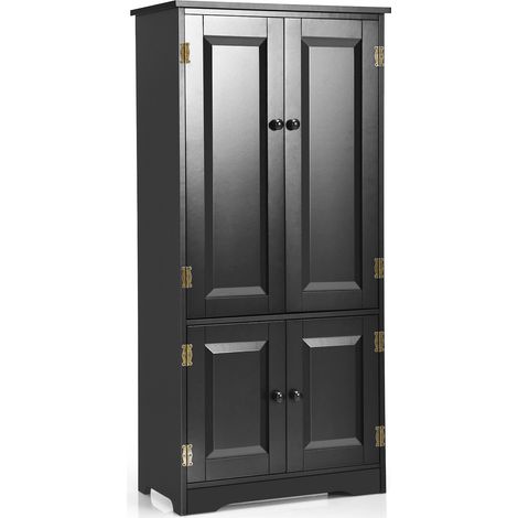 Buffet d'appoint noir avec étagères réglables et deux portes, base arquée et finition ancienne pour salon, entrée et chambre (1/5)
