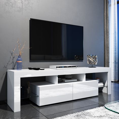 ELEGANT TV Stand TV Unit TV Cabinet with LED Lights High Gloss with Storage 1600mm White TV cabinet Style 2