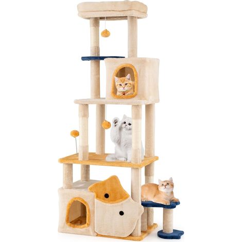 COSTWAY Arbre à Chat XXL 159 cm, 2 Condos, Poteaux à Griffer en Sisal, 5 Plateformes, Arbre a Chat Design de Poisson, Pompon Suspendu, Tour pour Chaton à 6 Niveaux, Tissu Doux, 85 x 42 x 159 cm (1/5)