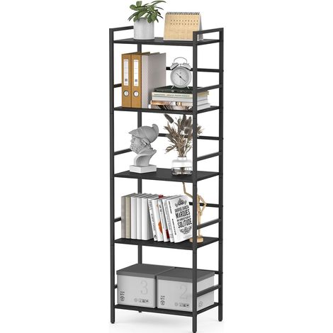 Bibliothèque à 5 Étagères, Grande Étagère Noire avec Rangement Ouvert, Cadre en Bois et Métal, Étagère de Style Industriel pour Salon, Chambre, Bureau, 43 x 28 x 134 cm (1/5)