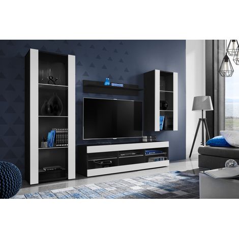 Komodee Ensemble de Meubles Tivoli Medio, Noir/Blanc, Largeur 245cm x Hauteur 159cm x Profondeur 35cm, sans LED, 3 étagères, pour Salon, Chambre, Entrée