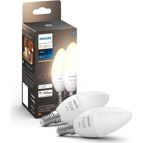 PHILIPS HUE AMPOULES LED CONNECTÉES WHITE E14 COMPATIBLE BLUETOOTH, FONCTIONNE AVEC ALEXA, 40 W, PACK DE 2 AMPOULES (1/10)