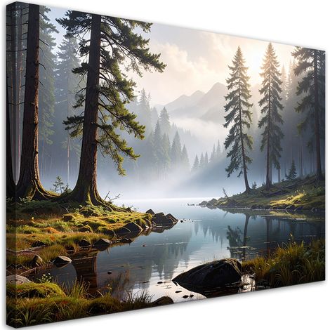 Cuadro sobre Lienzo Bosque en la niebla río paisaje naturaleza 30x20 (1/5)