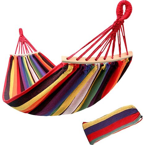 1 hamac de camping avec barre transversale en bois, portable, charge max 300 kg, 280 x 80 cm, pour 2 personnes, idéal jardin voyage (1/5)