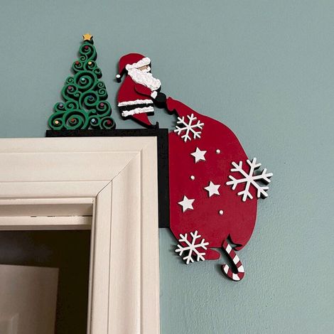 Door Topper - Bois Naturel - Décoration Porte Noël Intérieur Extérieur - Cadre Coin Porte - Motif Père Noël Bonhomme De Neige Arbre - 20 x 20 cm (1/5)