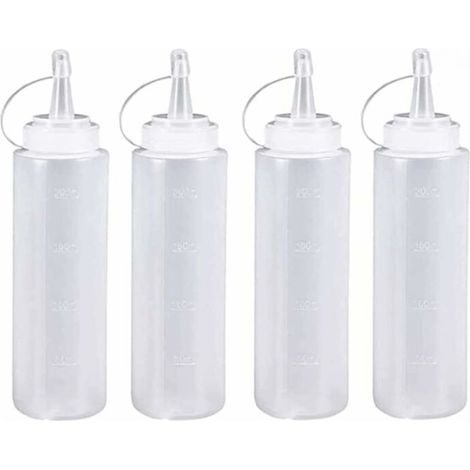 Set di 4 bottiglie da 200 ml con tappo versatore, tappo morbido, bottiglia per salse, bottiglia di riempimento, in plastica bianca e con sistema anti-perdita e marcature di sicurezza. (1/5)