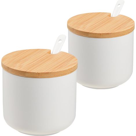 Profitez de 2 sucriers blancs avec couvercles, 1 sucrier en céramique de 10 onces et 1 salière avec couvercle et cuillère. (1/5)
