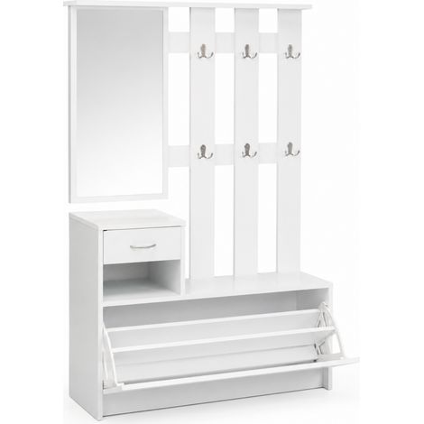 Mobiletto Ingresso Guardaroba Con Scarpiera Appendiabiti E Specchio Per Corridoio 97 x 35 x 25 cm Bianco (1/5)