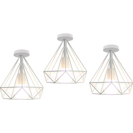 Plafoniera Bianco, Lampada da Soffitto in Industriale Stile, Illuminazione Ø25cm con Gabbia a Form di Diamantata E27 - 3 Pezzi