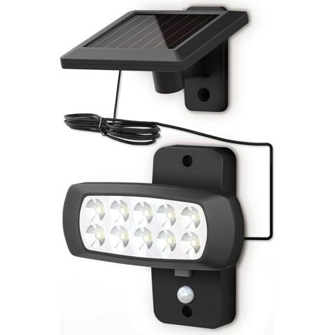 Faretto LED solare da esterno IP44, con rilevatore di movimento PIR, colore nero, ideale per casa, patio, balcone, resistente agli schizzi, luce bianca fredda 6500K. (1/4)