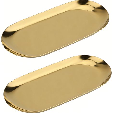 Tray - Stainless Steel - 7 Inch - Oval - For Jewelry Cosmetics Bathroom Organizer - 2 Piece (1/5)