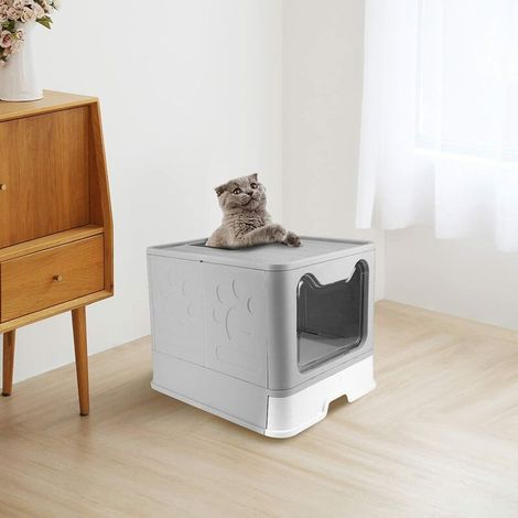 Bac à Litière pour Chat, Grande Maison de Toilette Chat Pliable avec Couvercle, Bac de Tiroir et Pelle à Litière, Portable, 51 x 41 x 38 cm, Gris (1/5)