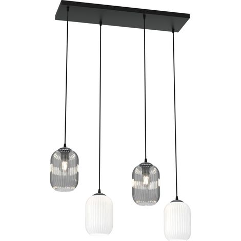 Lampadario 4 Luci Verdi In Acciaio Nero E Vetri Plissettati In Bianco E Fumè (1/5)