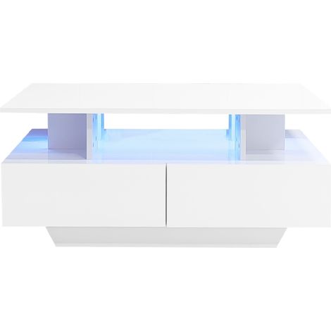 Mesa de centro blanca brillante 90 x 55 x 41 cm con 2 cajones y LED (1/5)
