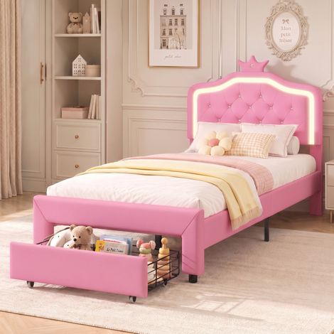 Cama infantil 90 x 200 cm con iluminación LED RGB y cajón, cama princesa para niña, cabecero regulable en altura, estructura de cama con corona tapizada en cuero PU, rosa (1/5)