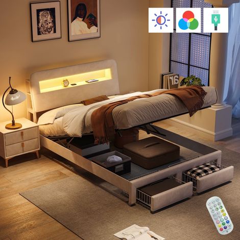Stauraumbett 140x190 cm, gepolstertes Doppelbett aus Samt Beige, mit 2 Aufbewahrungsschubladen, Lattenrost, Kopfteil mit Regalen, USB-Anschlüssen und LED-Beleuchtung