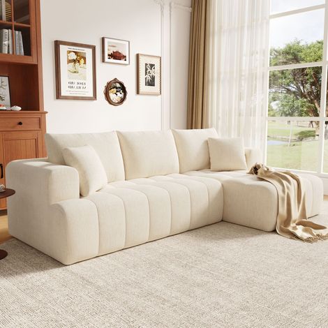 Canapé d’angle modulable 3 places en chenille, canapé nuage sans cadre, canapé en L avec assise confortable, 244,5x136x79 cm, beige (1/5)