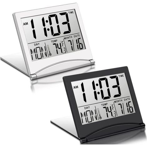 2-teiliger digitaler Reisewecker, faltbare LCD-Uhr mit Kalender, Temperaturanzeige, Schlummerfunktion, tragbares Tischdisplay (1/5)