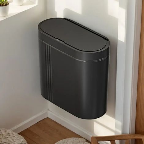 Smart wall-mounted trash can with infrared induction lid, fast-response sensor, battery operated, black (1/5)