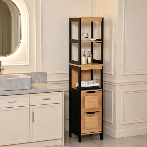Badezimmer-Hochschrank mit 2 Schubladen und 3 Ablagen, Bambus/Schwarz HAVRYA (1/5)