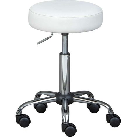 SGABELLO CON RUOTE MULTIUSO IN METALLO CROMATO ED PU IMBOTTITO BIANCO. ELEVAZIONE A GAS . DIM. 33X33X50-66 CM (1/5)