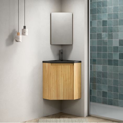Meuble lave-mains d’angle 38 cm en contreplaqué finition bois naturel avec vasque intégrée en résine noire mate (1/5)