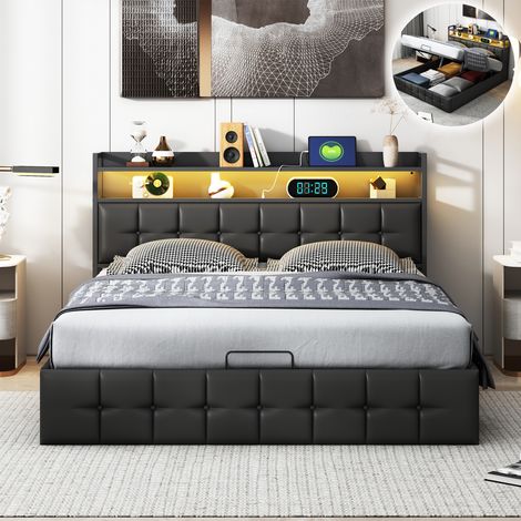 Lit coffre 140x190cm avec LED et sommier à lattes - ports USB et Type C - style moderne - tissu en PU - Noir
