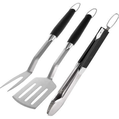 Juego de cubiertos para barbacoa AIDUCHO de 3 piezas: pinzas, espátula y tenedor para carne. Accesorio de acero inoxidable para barbacoa con mango suave. (1/5)