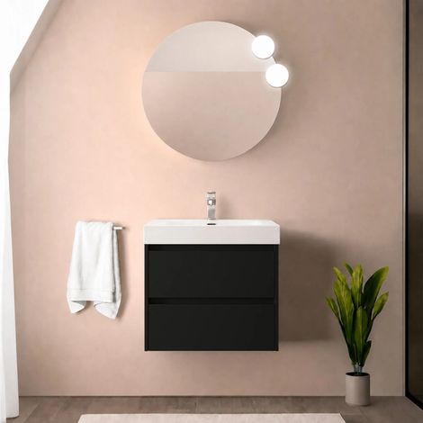 Mobile bagno sospeso 70 cm nero satinato con due cassetti e lavabo in resina Gaya (1/5)