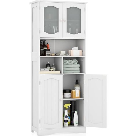 COSTWAY Armadietto Salvaspazio 60 x 30 x 148.5cm, Mobile Bagno con Scomparti Aperti, Scaffafli Regolabili e 2 Porte in Vetro Temprato, Armadio da Bagno per Ufficio, Soggiorno e Camera da Letto, Bianco (1/5)